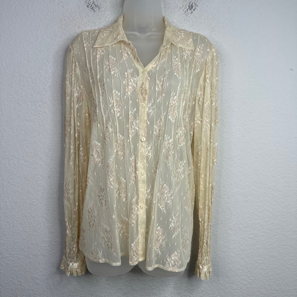 ECI New York Womens 14W Beige Floral Lace Sheer Button‎ Romantic Fairy Coquette